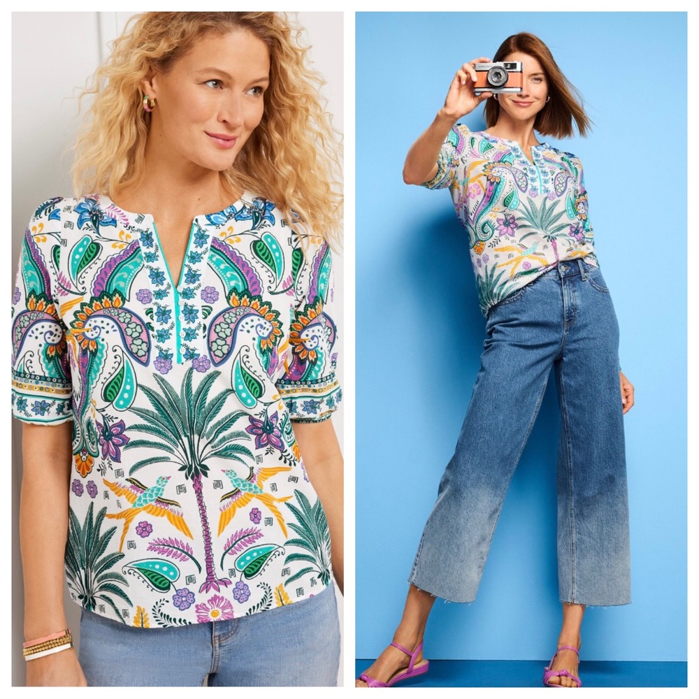 Talbots Tropical Birds & Palms Popover Cotton Top M Split Neck Resortwear Beachy